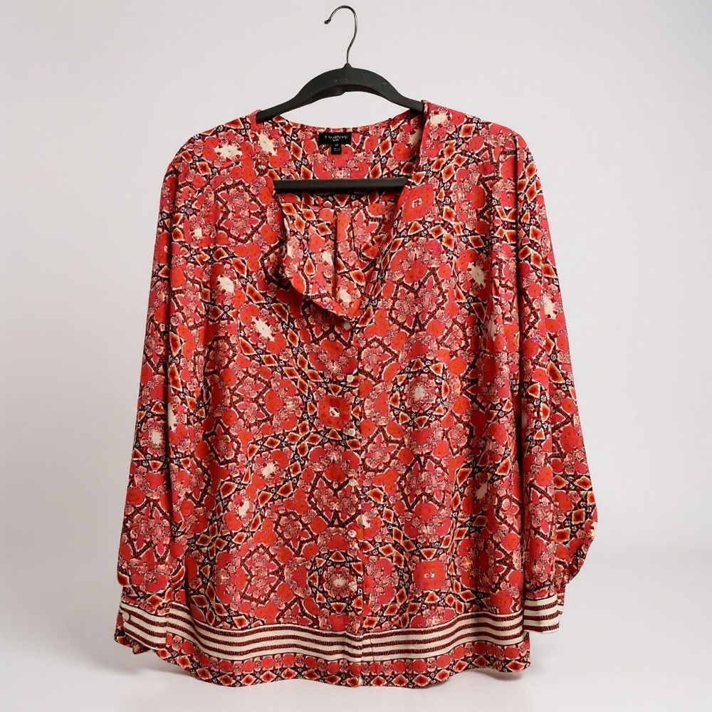 Talbots Blouse Geometric Kaleidoscope Red Orange V-Neck Long Sleeve X Boho